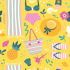 Summer pattern. Vector seamless colorful pattern in cartoon style with beach clothes and objects on yellow background.