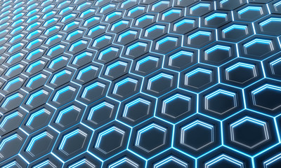 Glowing black and blue hexagons background pattern on silver metal surface 3D rendering