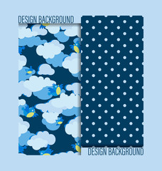 Seamless patterns with birds of the titmouse in cloudy sky and  peas on blue background. Design for baby textiles, background image for packaging materials. Cartoon style.	
