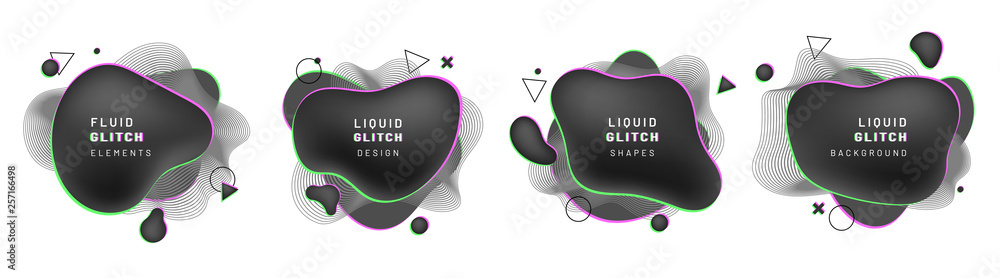 Aufkleber Set of isolated backgrounds with fluid blob overlays and dynamic lines. Gradient or halftone geometric shapes or monochrome liquid splash. Template for modern poster or abstract banner, flyer