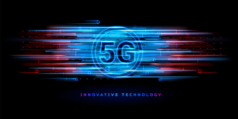 Binary data flowing through 5g wireless connection for technology banner. Global speed internet network connection. New IOT concept. Digital signal transmission of fifth generation. Wifi communication