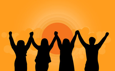 Silhouette of happy business team making high hands in sunset background for business teamwork vector concept