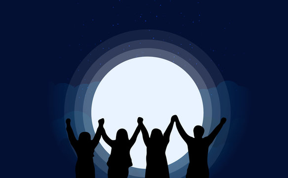 recommend clip art: Silhouette of happy business team making high hands in full moon night for business teamwork vector concept