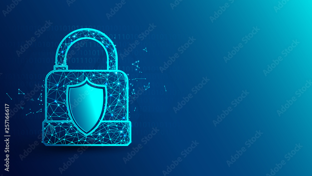 Poster cyber security and padlock icon from lines, triangles and particle style design. illustration vector