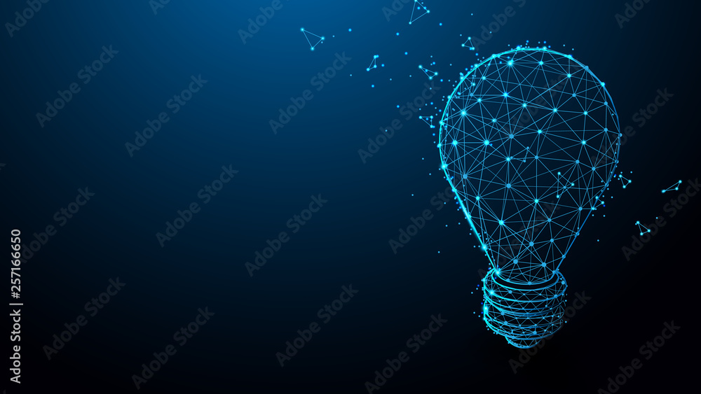 Poster light bulb with idea and creation symbol from lines, triangles and particle style design. illustrati