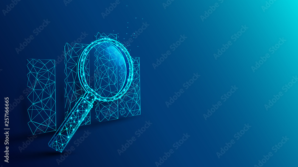 Leinwandbilder Looking at growth chart with magnifying glass from lines, triangles and particle style design. Illustration vector