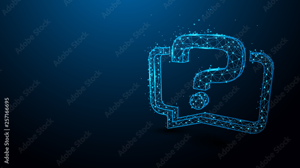 Poster question mark with speech bubble icon from lines, triangles and particle style design. illustration 