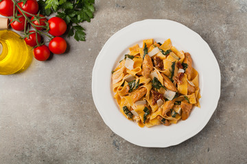 Italian salad, pappardelle pasta, with spinach, grilled chicken and dried tomatoes, sprinkled with flakes of cheese.