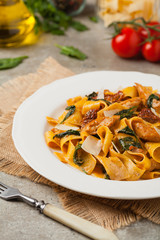 Italian salad, pappardelle pasta, with spinach, grilled chicken and dried tomatoes, sprinkled with flakes of cheese.