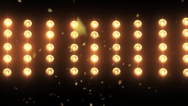 Bright flood lights background with particles and glow. Orange tint.  VJ Lights Flashing Spotlight Wall stage led blinder blinking club concert dance disco background.  wall of light.