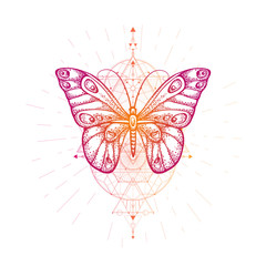 Fototapeta premium Vector illustration with hand drawn butterfly and Sacred geometric symbol on white background. Abstract mystic sign.