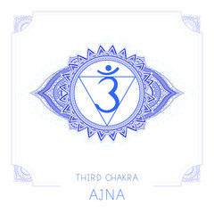 Vector illustration with symbol Ajna - Third Eye chakra and decorative frame on white background.