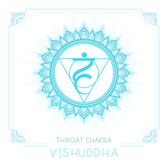 Vector illustration with symbol Vishuddha - Throat chakra and decorative frame on white background.