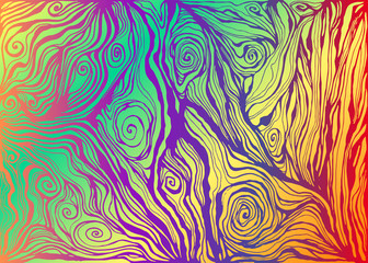 Psychedelic colorful art waves decorative texture. Vector hand drawn creative background. Hippie abstract trippy pattern, maze of ornaments wavy, violet colors, gradient rainbow colors background art.