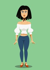 young girl with black hair in a white blouse standing on a green background