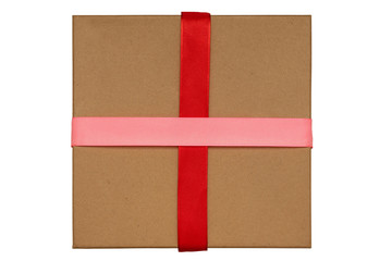 Fototapeta na wymiar Cardboard gift box with red and pink ribbon bow, isolated on white