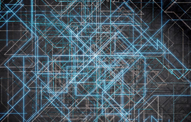 Futuristic blue connection background with lines and roads printed on metal texture