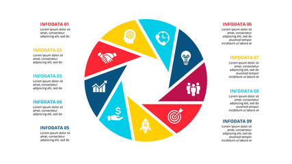 Cirle infographic with 9 options or steps. Abstract flat element of cycle diagram. Vector business template for presentation.