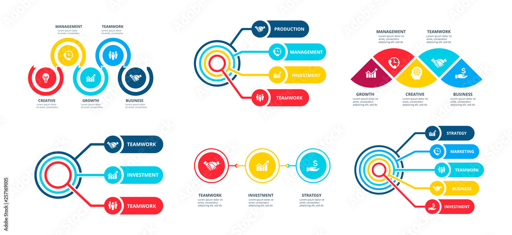 Poster infographic set with abstract elements. timeline, diagrams and flow charts with 3, 4 and 5 steps.