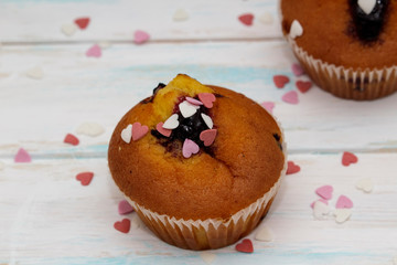 Two blueberries muffins or cupcakes on white texture