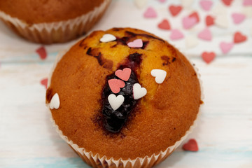 Blueberries muffins or cupcakes on white texture