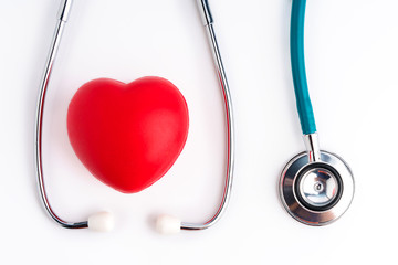 Red heart and stethoscope for doctor and medical nursing people check up healing of patients in hospital