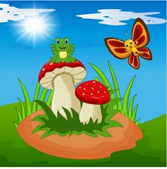 Cute frog and butterfly cartoon with mushroom