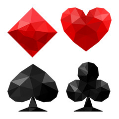 Playing cards suits in low polygonal style, vector icons on plain backgrounds