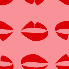 Seamless pattern with red graphic lips on pink background.  Modern trendy minimalism style. Make up