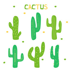 Set of cartoon cactus decorated graphic elements. Green cactus on a white background.