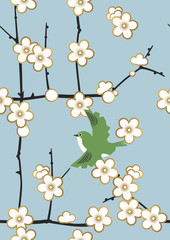 梅とメジロのパターン。 シームレスな日本の模様。 春の和柄。 梅の花のイメージイラスト。