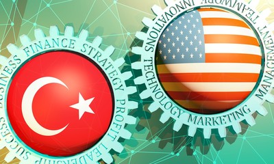 Business relative words on the mechanism of gears. Communication concept in industrial design. Connected lines with dots background. USA and Turkey business cooperation. 3D rendering