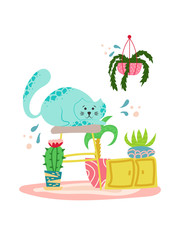 Fototapeta premium Cute playful cat with house plants in cartoon flat style. Hand drawn illustration