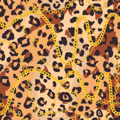 Fashion fabric seamless pattern with leopard skin and golden chains. Luxury print for textile design. Vector illustration.