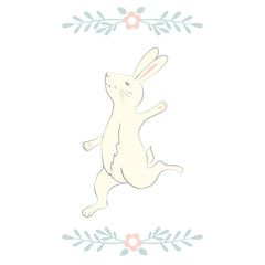 Easter Bunny character. Happy running and dancing bunnies. Flower frame silhouette