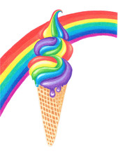 Colourfu of rainbow ice cream cone isolated on white background.
