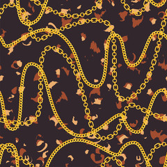 Abstract seamless pattern. Fashion fabric pattern with leopard skin and golden chains. Luxury print for textile design. Vector illustration.