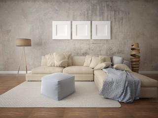 Mock up a perfect living room with a large corner sofa and a perfect hipster backdrop.
