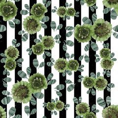 Watercolor green flowers on black and white background pattern