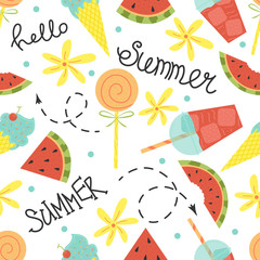 Cartoon seamless pattern. Vector summer background. Watermelon smoothie.