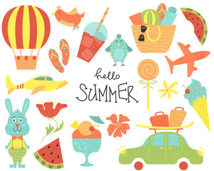 Set of vector cartoon illustrations. Summer party, journey, watermelons.