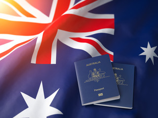 Passport of Australia on the australian flag. Getting a passport of Australia,  naturalization and immigration concept.