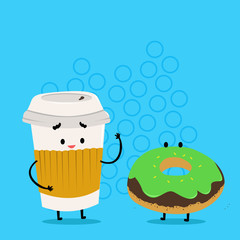 Carry Out Paper Cup with Lid and Sleeve Beside Doughnut with Frosting on Top Design business Empty copy space text for Ad website promotion isolated Banner template.