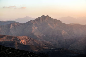 Geological landscape of Jabal Jais characterised by dry and rocky mountains, Mud Mountains in Ras...