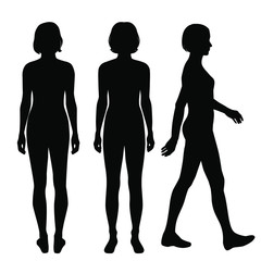 Vector silhouettes women standing and walking, different poses, profile, people, group,  black color, isolated on white background