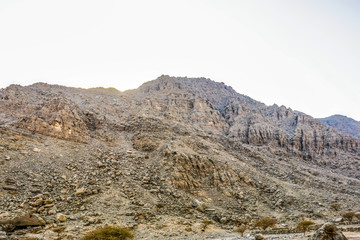 Geological landscape of Jabal Jais characterised by dry and rocky mountains, Mud Mountains in Ras Al Khaimah, United Arab Emirates