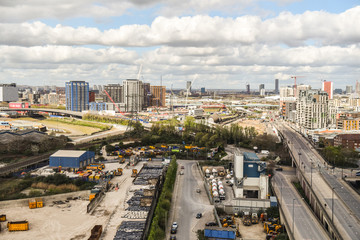 Aerial view of East London and Excel redevelopment from Emirates cable car.