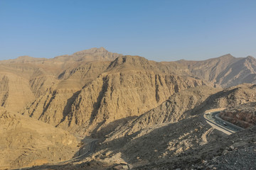 Geological landscape of Jabal Jais characterised by dry and rocky mountains, Mud Mountains in Ras Al Khaimah, United Arab Emirates