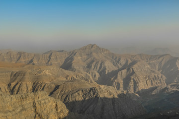 Geological landscape of Jabal Jais characterised by dry and rocky mountains, Mud Mountains in Ras Al Khaimah, United Arab Emirates