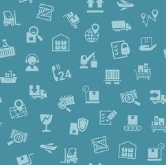 Cargo delivery, seamless pattern, color, blue, vector. Cargo transportation and delivery of goods. Light icons on blue background. Vector flat seamless pattern. 